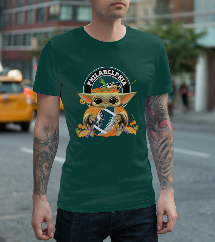 Halloween Pumpkin Baby Yoda Holding Philadelphia Eagles Football T-Shirt