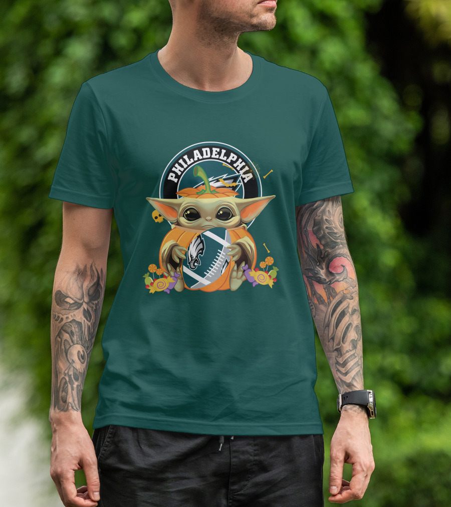 Halloween Pumpkin Baby Yoda Holding Philadelphia Eagles Football T-Shirt
