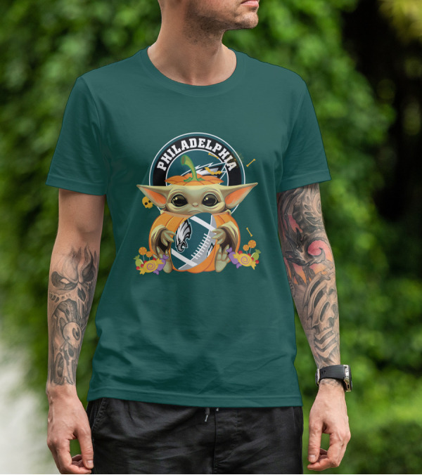 Halloween Pumpkin Baby Yoda Holding Philadelphia Eagles Football T-Shirt