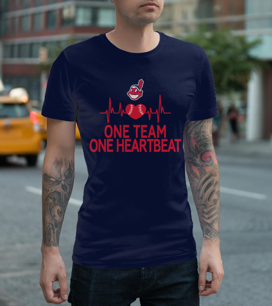 Cleveland Indians One Team One Heartbeat Baseball Heartbeat Line Chief Wahoo T-Shirt