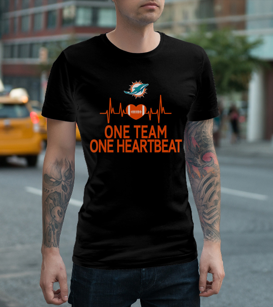 Miami Dolphins One Team One Heartbeat Football Heartbeat Line T-Shirt