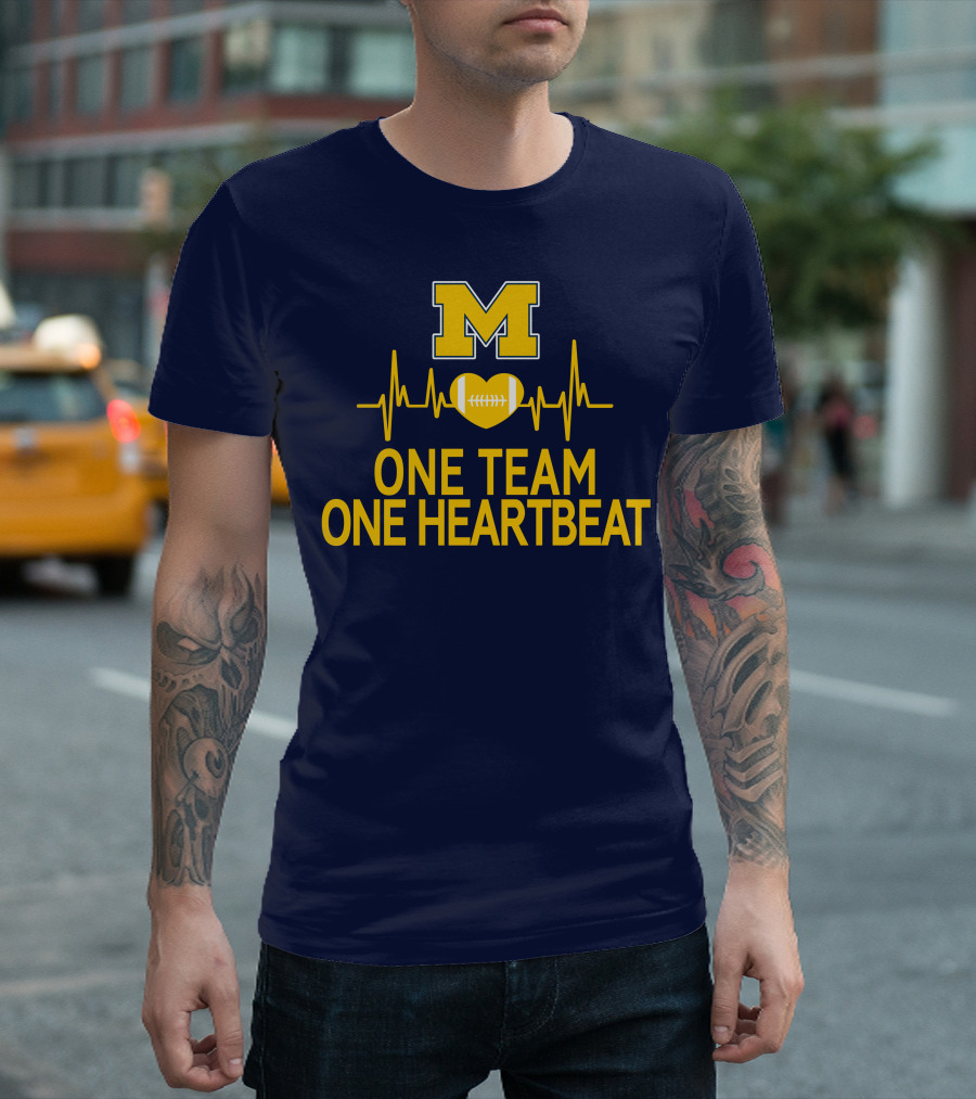 M Michigan Wolverines Football One Team One Heartbeat T-Shirt