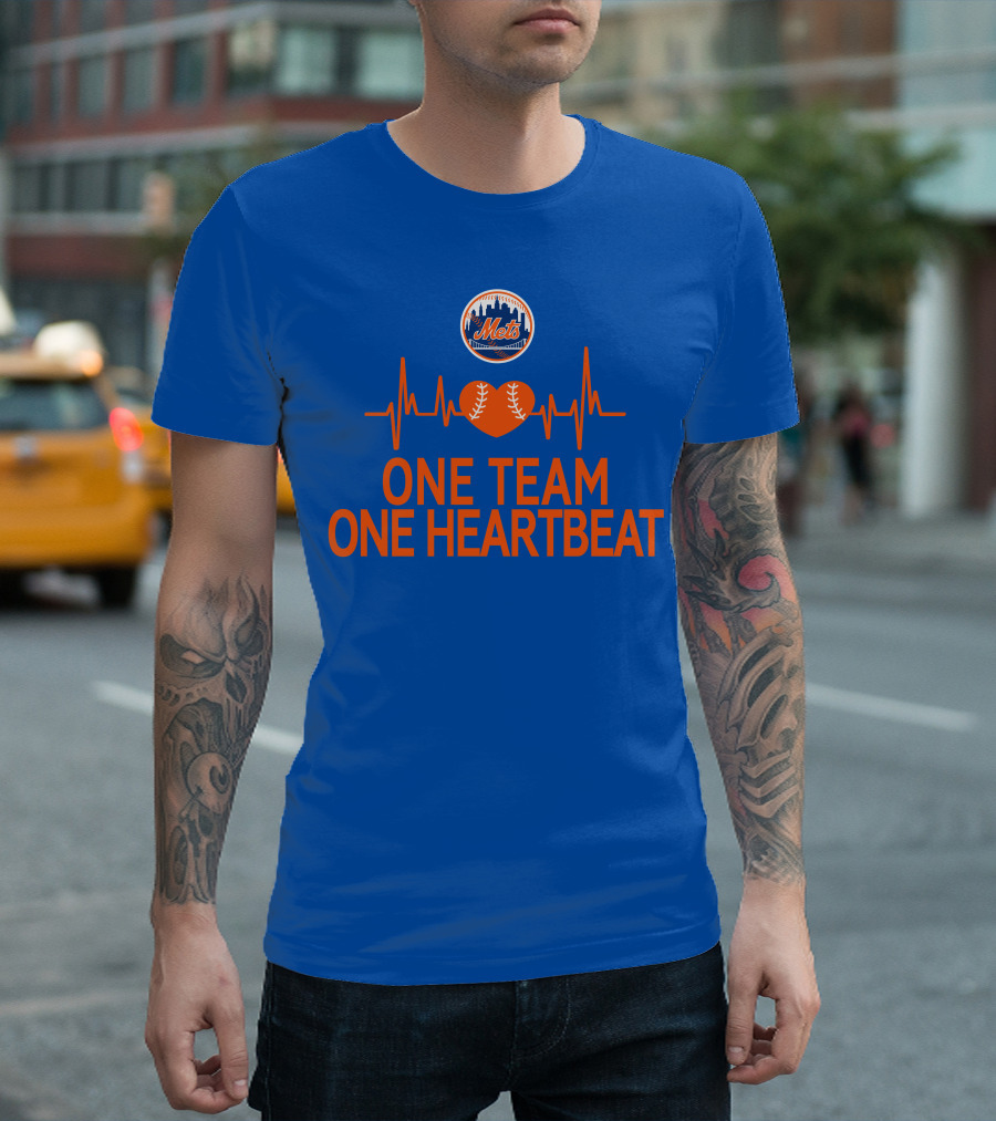 New York Mets One Team One Heartbeat Heartbeat Baseball T-Shirt