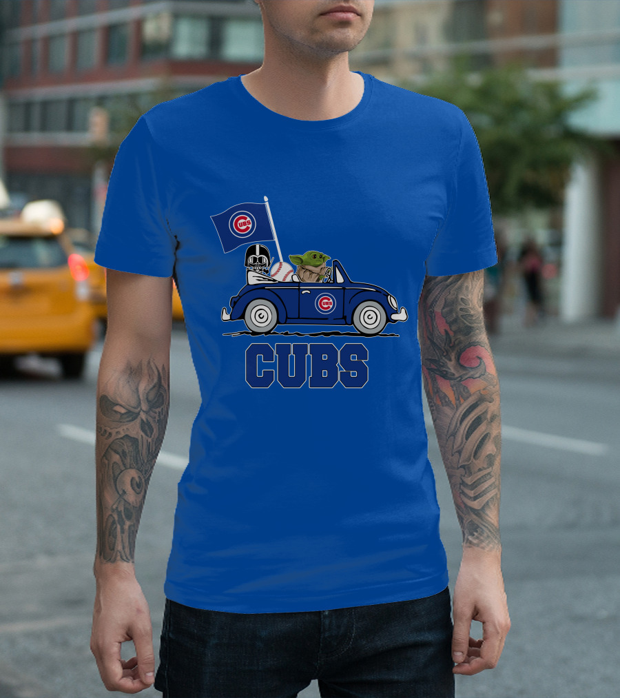 Chicago Cubs Darth Vader Baby Yoda Driving Star Wars Crossover T-Shirt