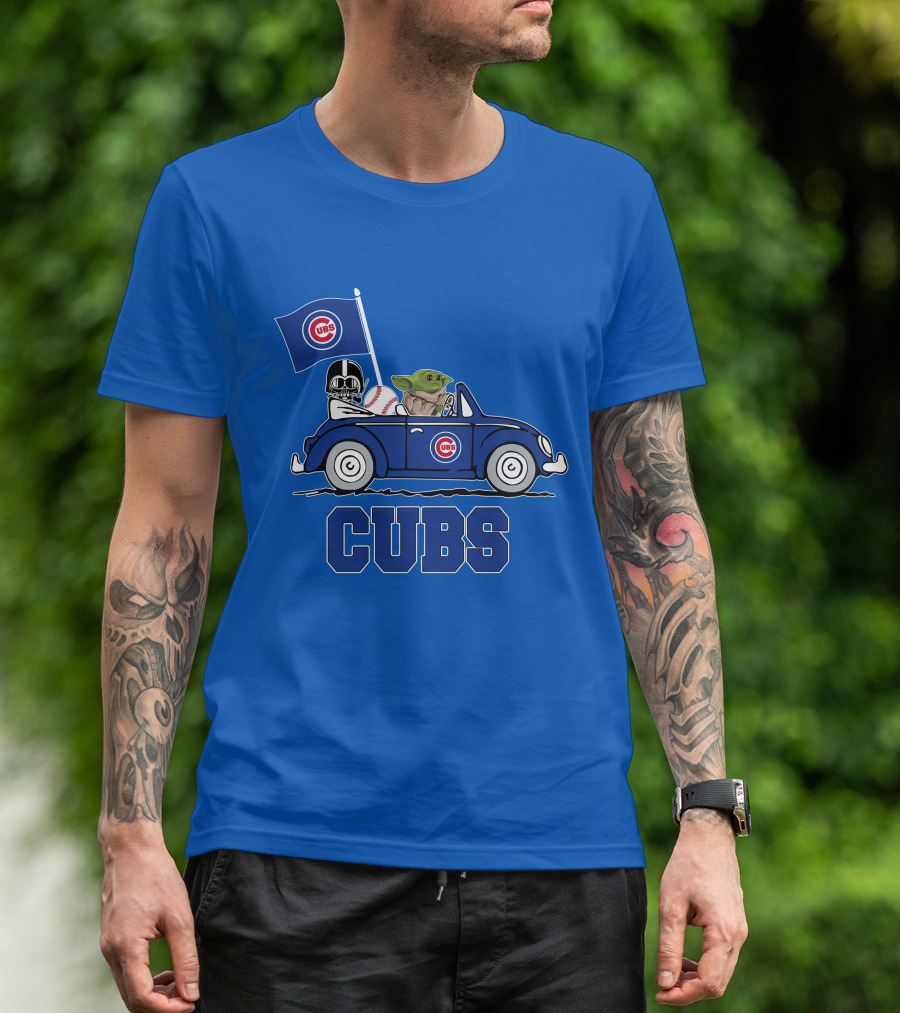 Chicago Cubs Darth Vader Baby Yoda Driving Star Wars Crossover T-Shirt