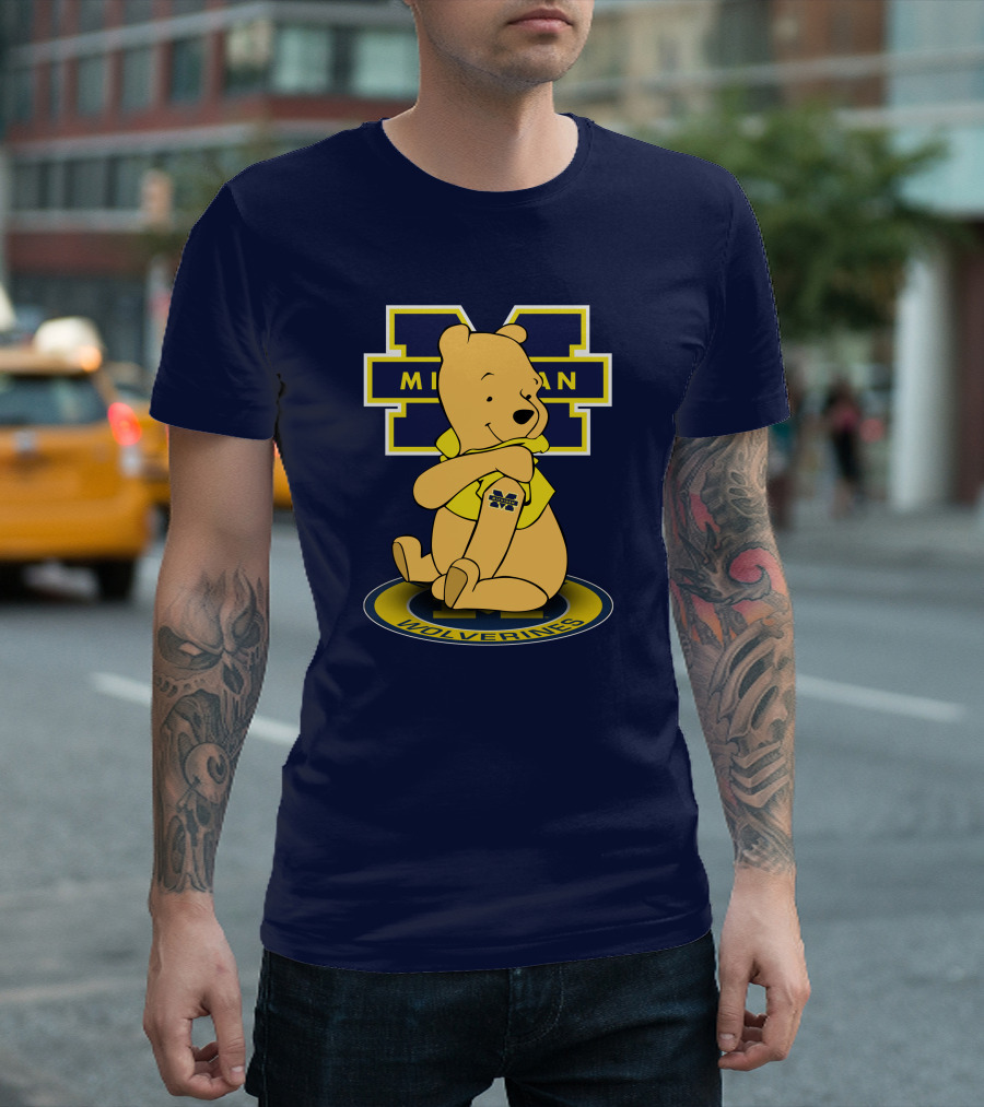 Michigan Wolverines Pooh Bear Sitting On Logo Badge T-Shirt