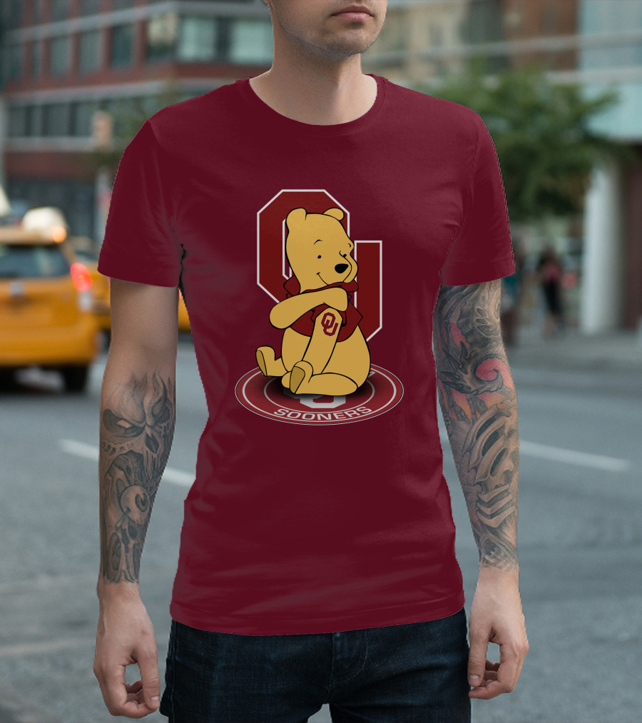 Winnie the Pooh with Oklahoma Sooners Logo and Letterman Jacket T-Shirt