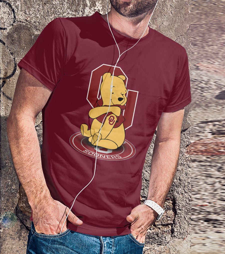 Winnie The Pooh With Oklahoma Sooners Logo And Letterman Jacket T-Shirt