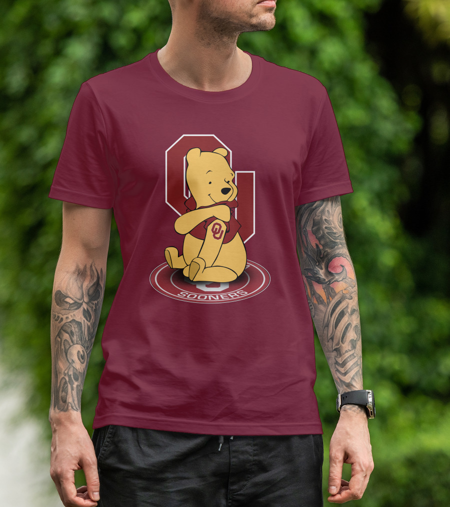 Winnie The Pooh With Oklahoma Sooners Logo And Letterman Jacket T-Shirt