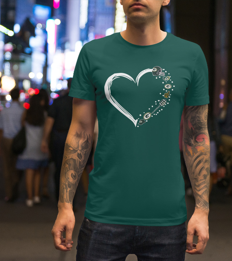 Green Bay Packers Heart With Logos And Helmet T-Shirt
