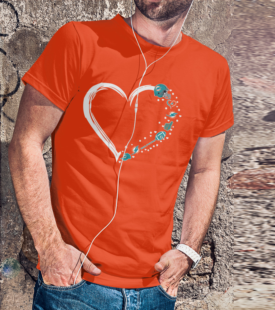 Miami Dolphins Heart Design With Helmets T-Shirt