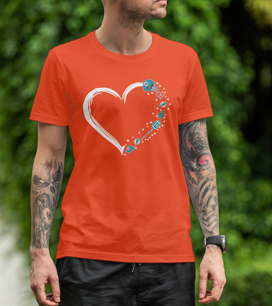 Miami Dolphins Heart Design With Helmets T-Shirt