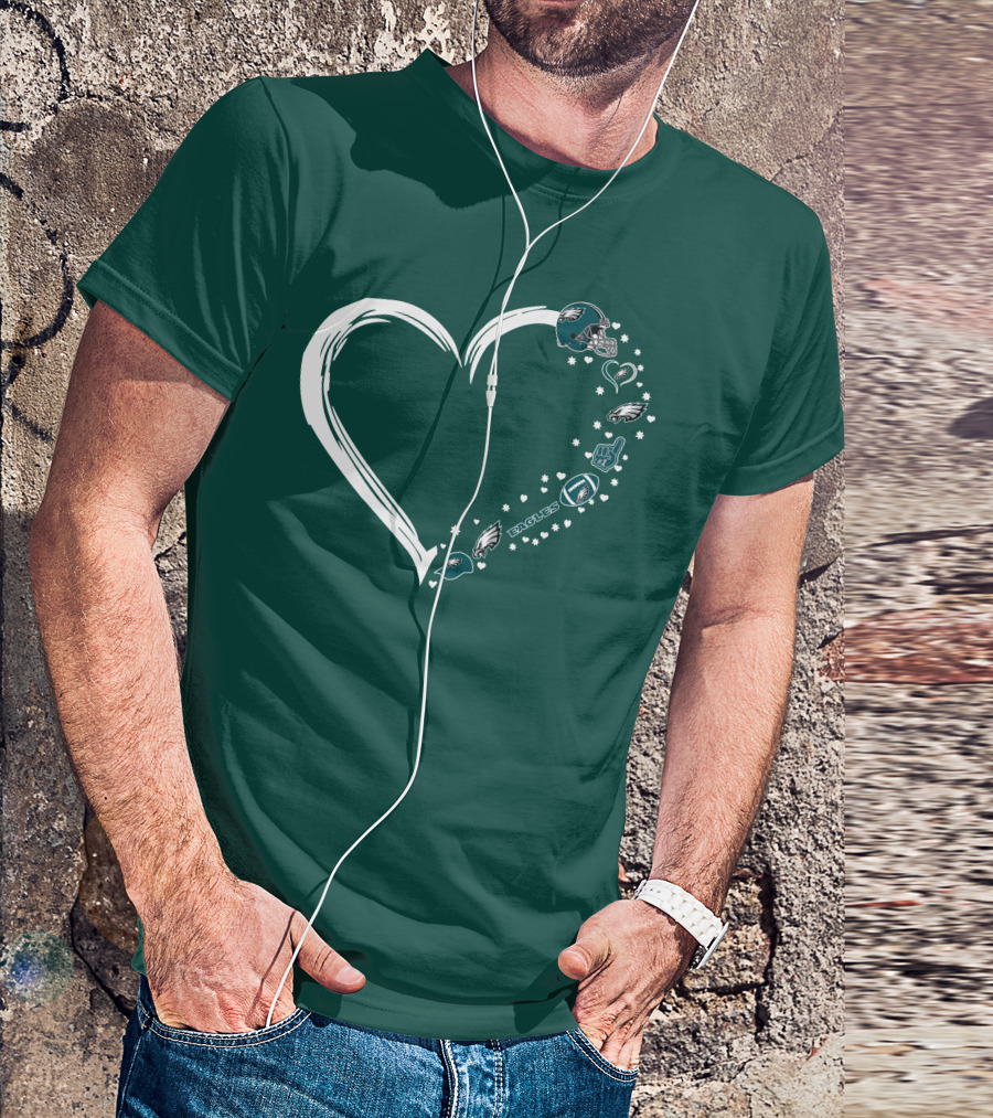 Philadelphia Eagles Heart Design With Logo And Helmet Elements T-Shirt