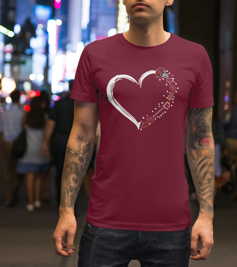 Oklahoma Sooners Heart Design With Helmets And Footballs T-Shirt