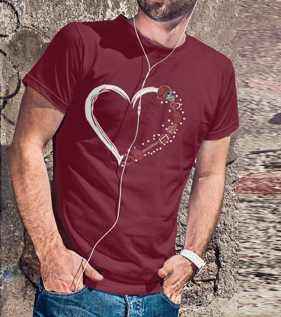 Oklahoma Sooners Heart Design With Helmets And Footballs T-Shirt