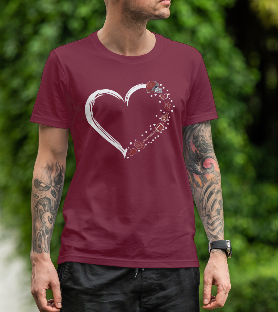 Oklahoma Sooners Heart Design With Helmets And Footballs T-Shirt