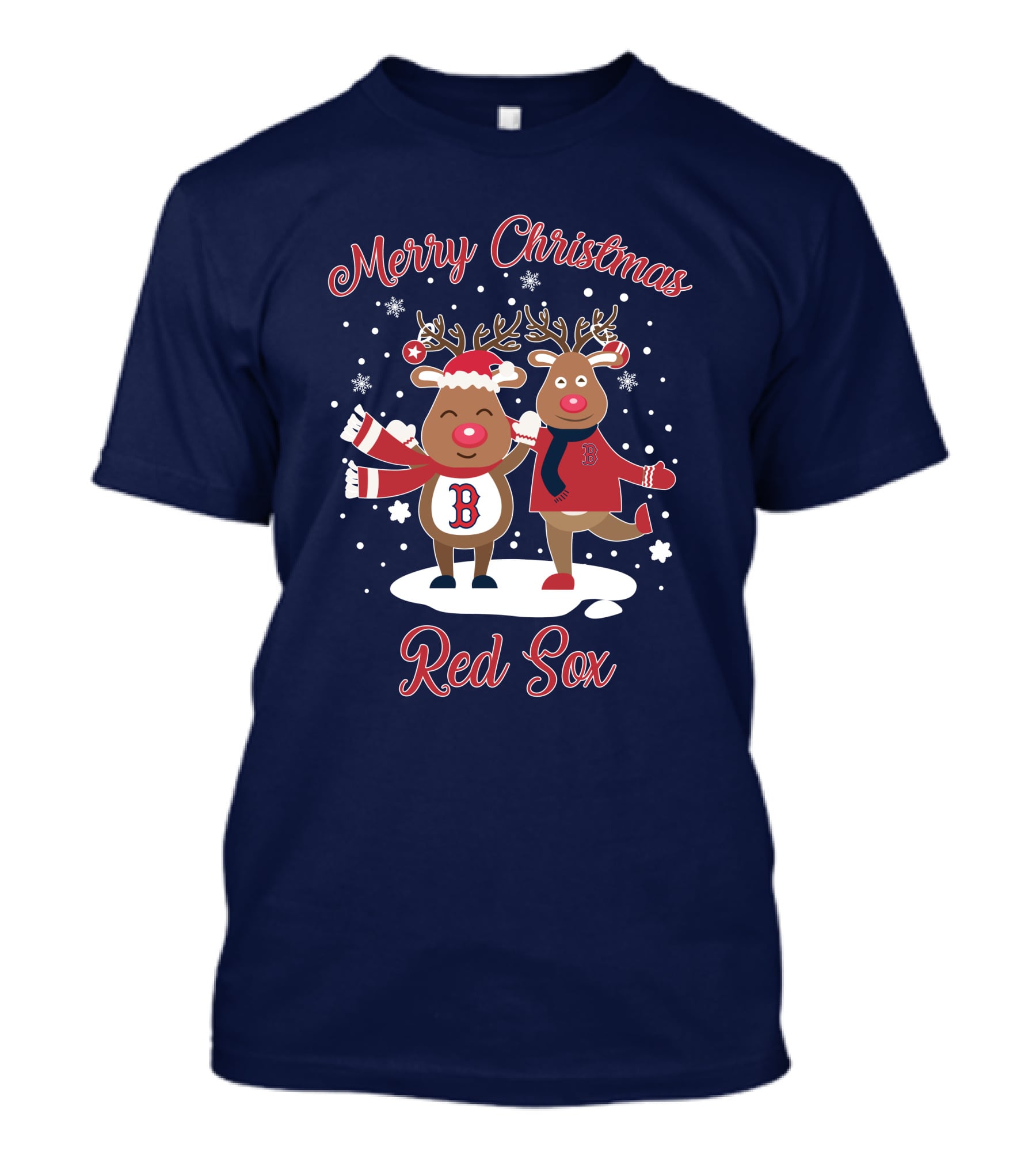 Merry Christmas Red Sox Reindeer With Snowflakes And Baseball Gear T-Shirt