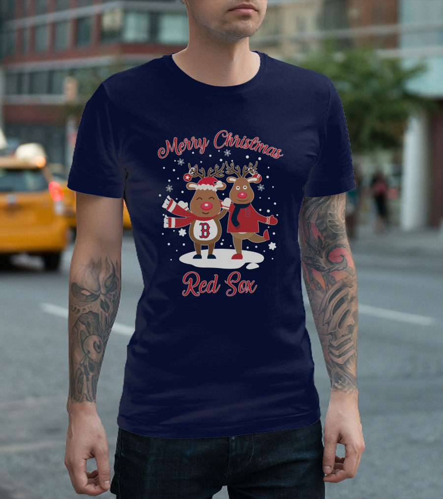 Merry Christmas Red Sox Reindeer With Snowflakes And Baseball Gear T-Shirt