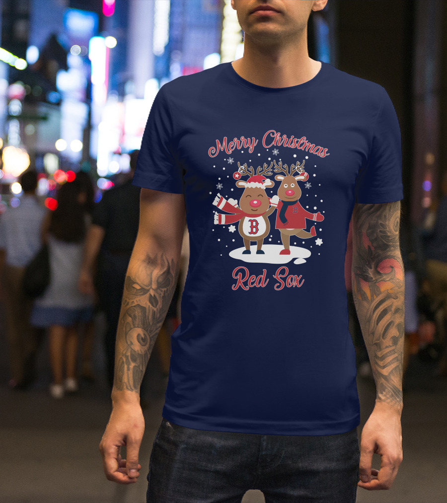 Merry Christmas Red Sox Reindeer With Snowflakes And Baseball Gear T-Shirt