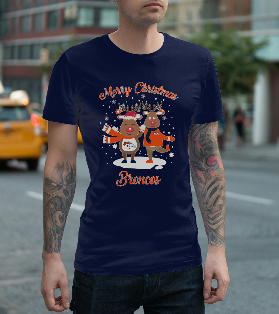 Merry Christmas Broncos Reindeer Snowflakes T-Shirt