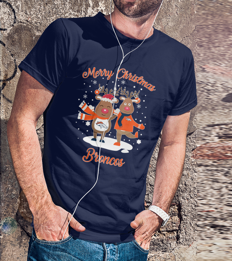 Merry Christmas Broncos Reindeer Snowflakes T-Shirt
