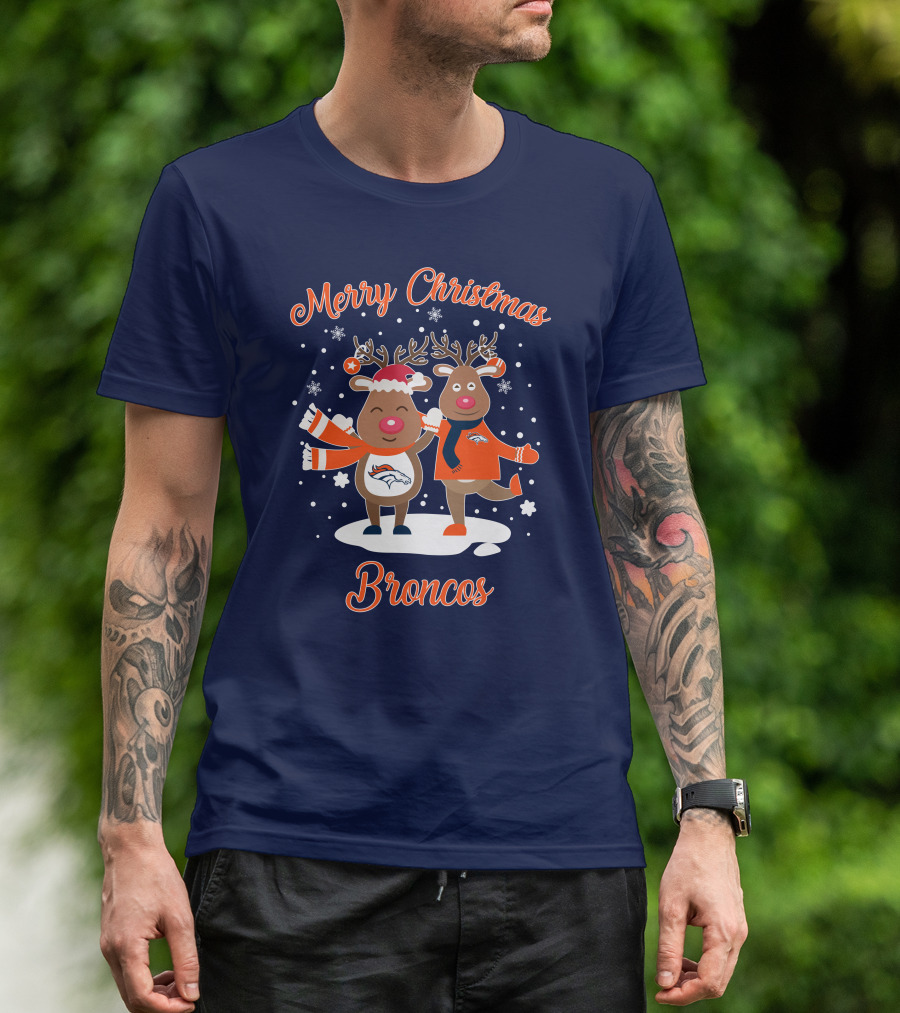 Merry Christmas Broncos Reindeer Snowflakes T-Shirt