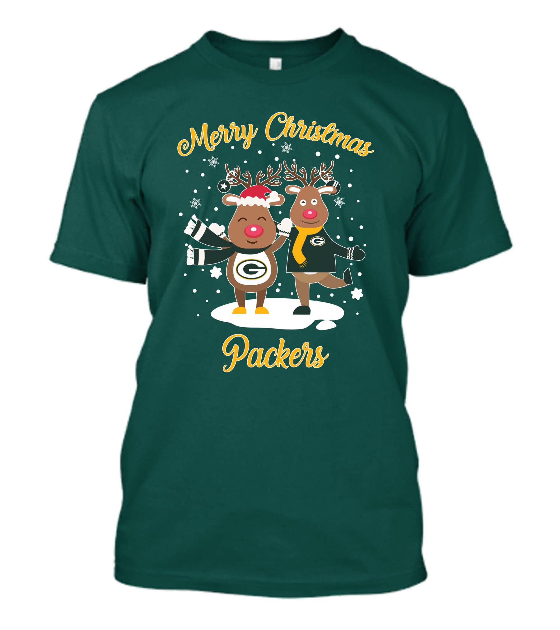 Merry Christmas Packers Reindeer With Green Bay Logo Winter Scene T-Shirt