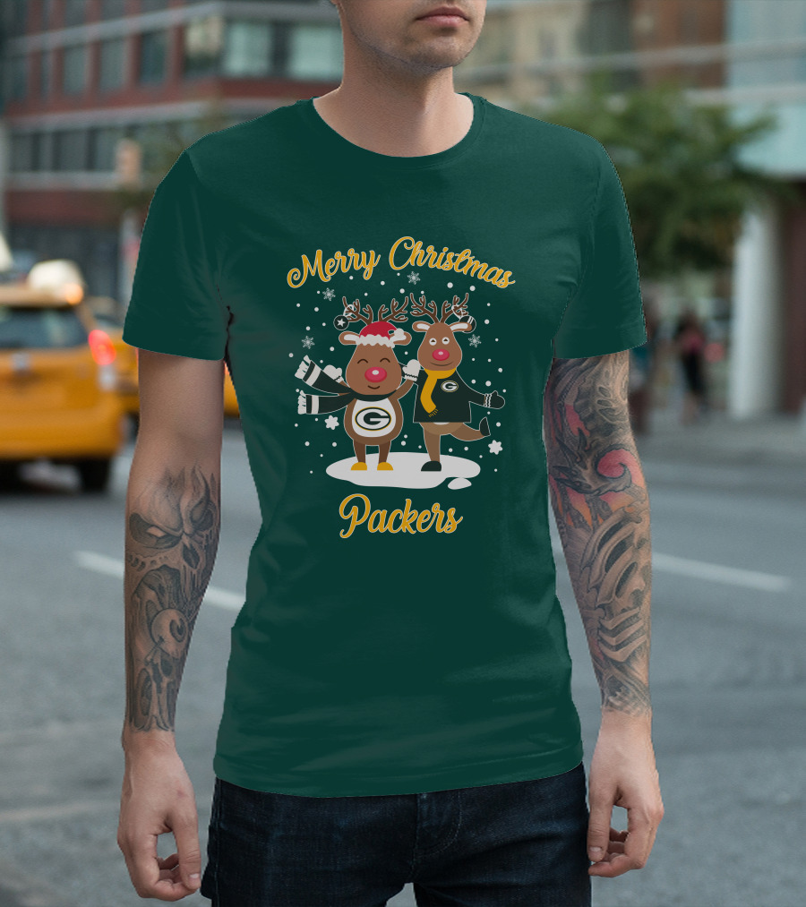 Merry Christmas Packers Reindeer with Green Bay Logo Winter Scene T-Shirt