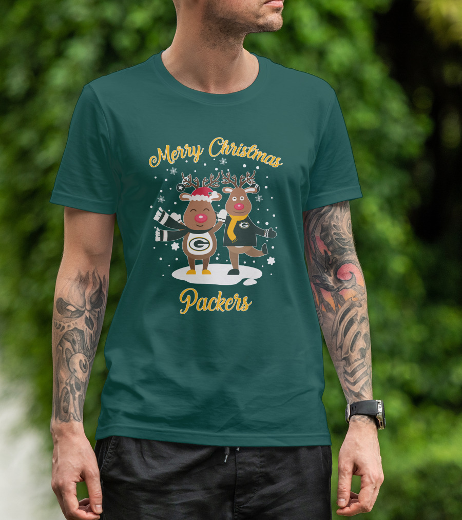 Merry Christmas Packers Reindeer With Green Bay Logo Winter Scene T-Shirt