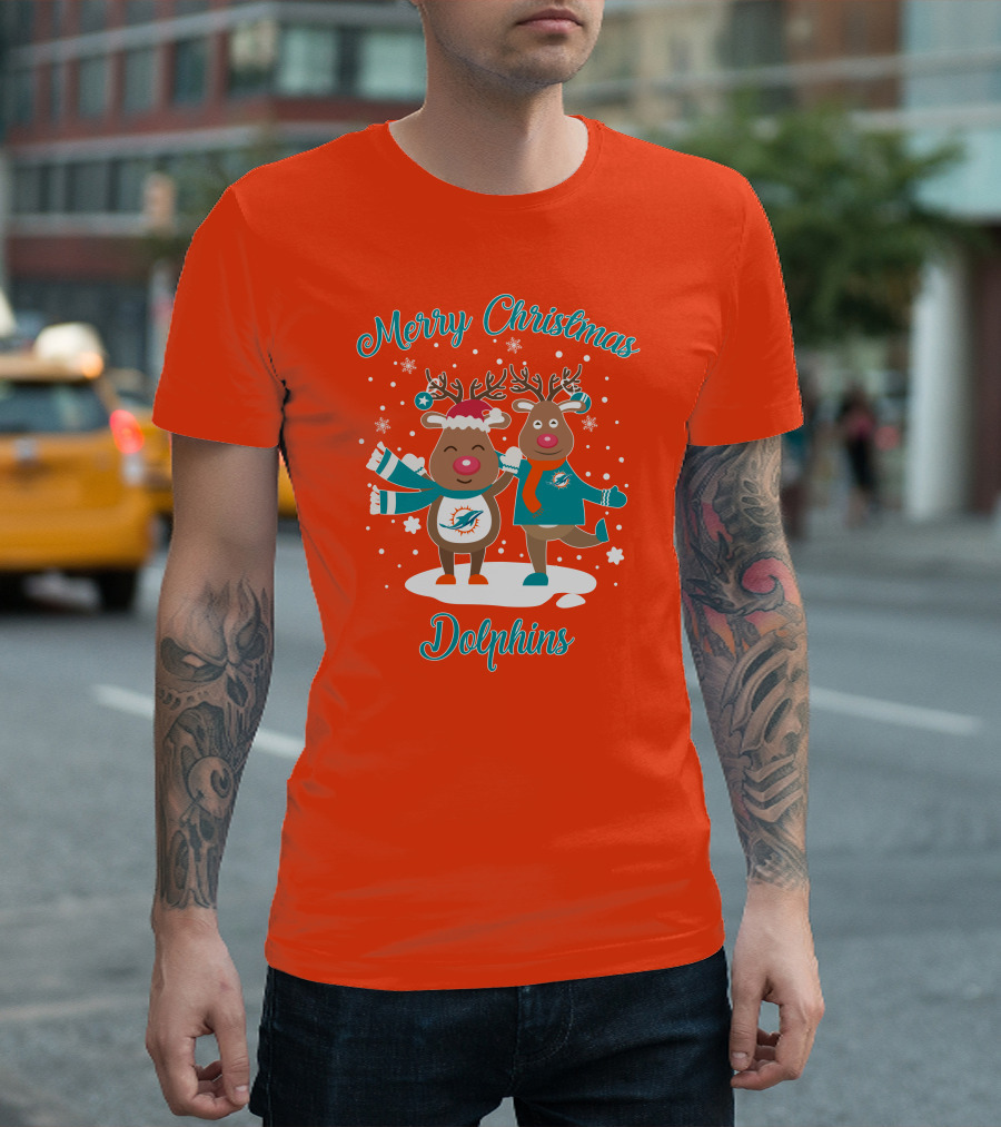 Merry Christmas Dolphins Reindeer Snowflakes T-Shirt