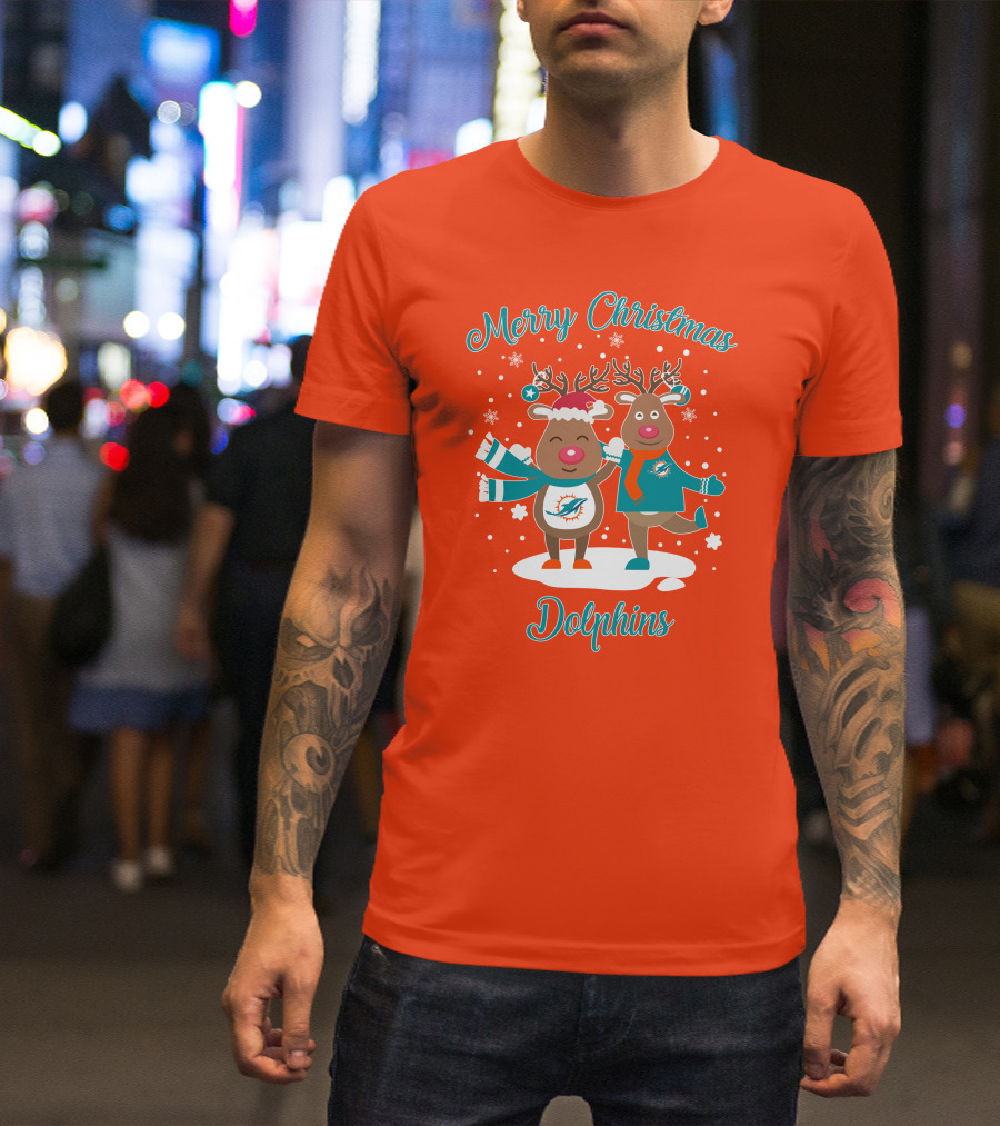 Merry Christmas Dolphins Reindeer Snowflakes T-Shirt