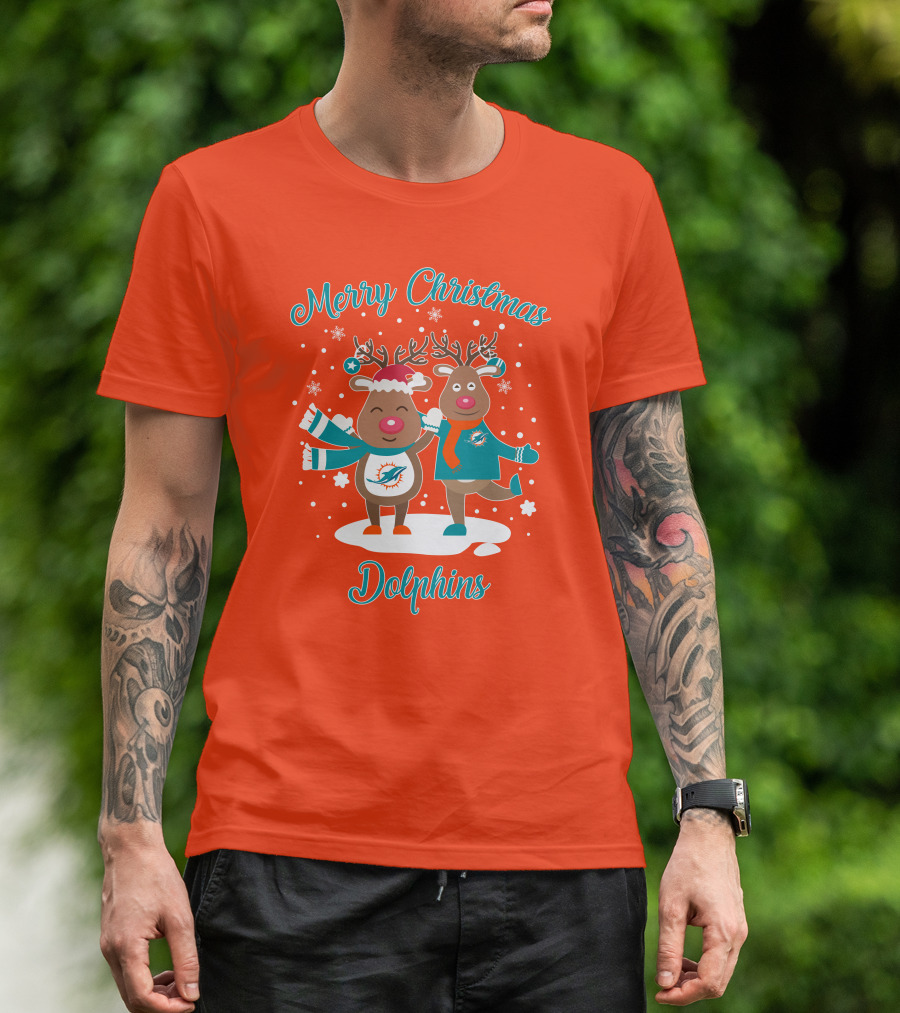 Merry Christmas Dolphins Reindeer Snowflakes T-Shirt