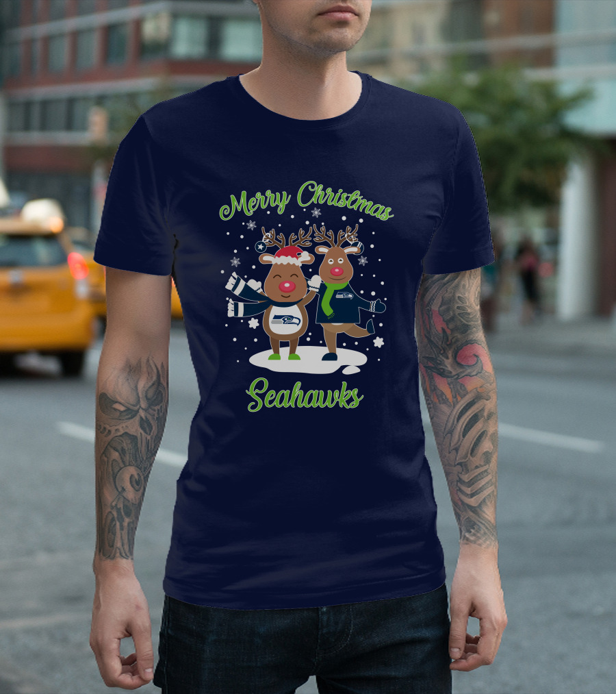 Merry Christmas Seattle Seahawks Reindeer Sweater Festive T-Shirt