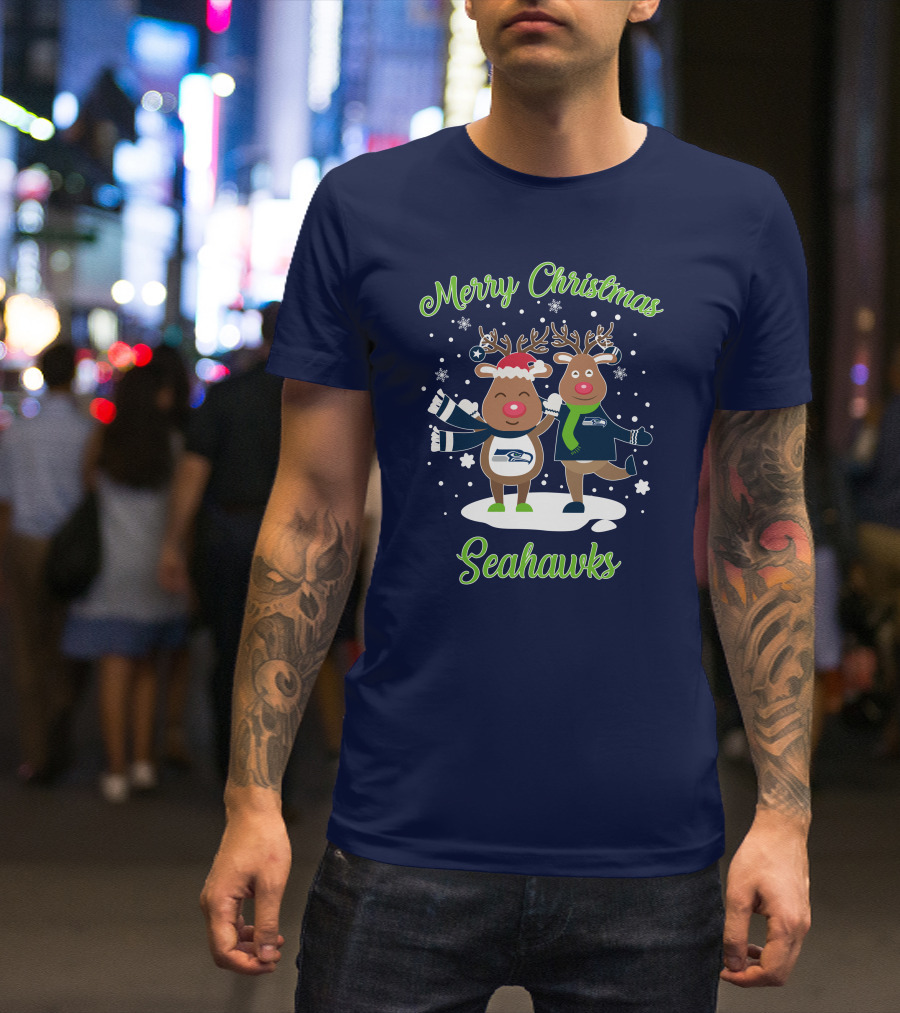 Merry Christmas Seattle Seahawks Reindeer Sweater Festive T-Shirt