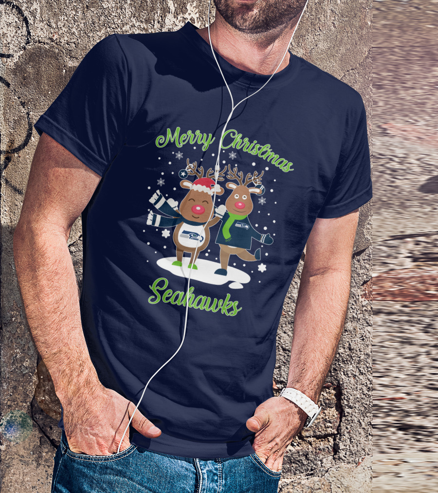 Merry Christmas Seattle Seahawks Reindeer Sweater Festive T-Shirt