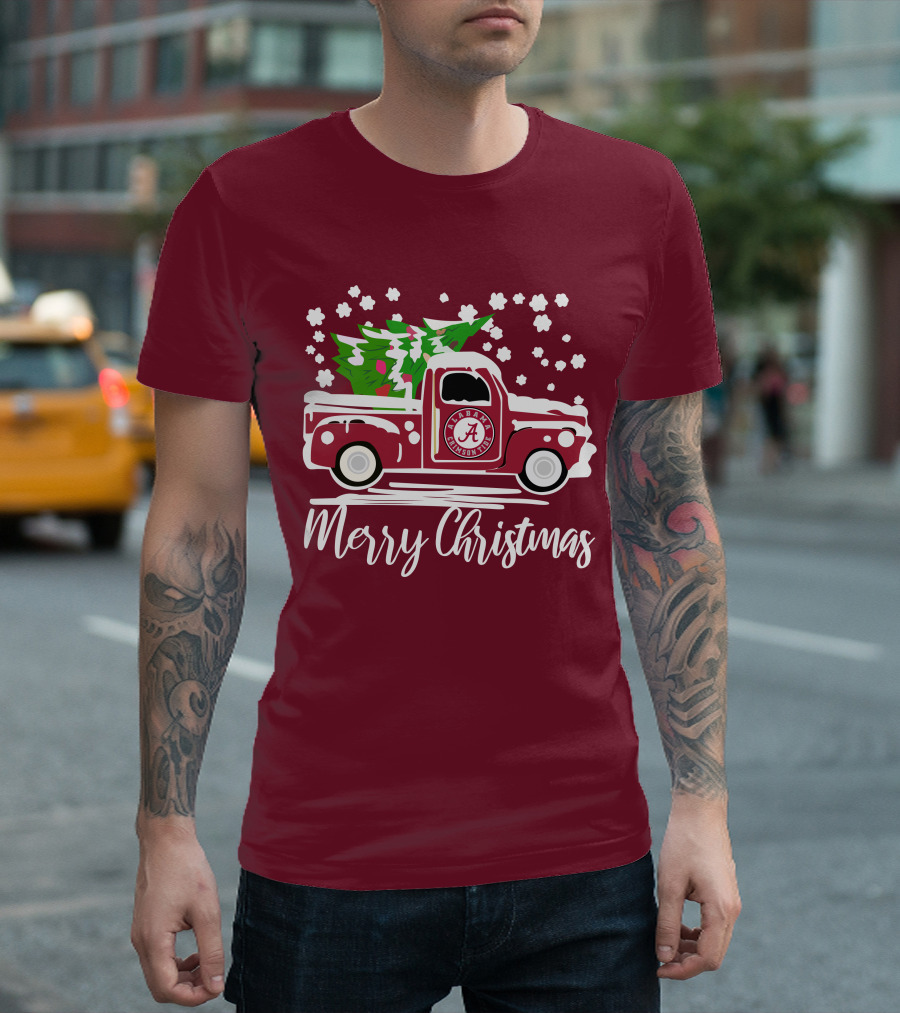 Merry Christmas Alabama Crimson Tide Vintage Truck Snowy Tree T-Shirt