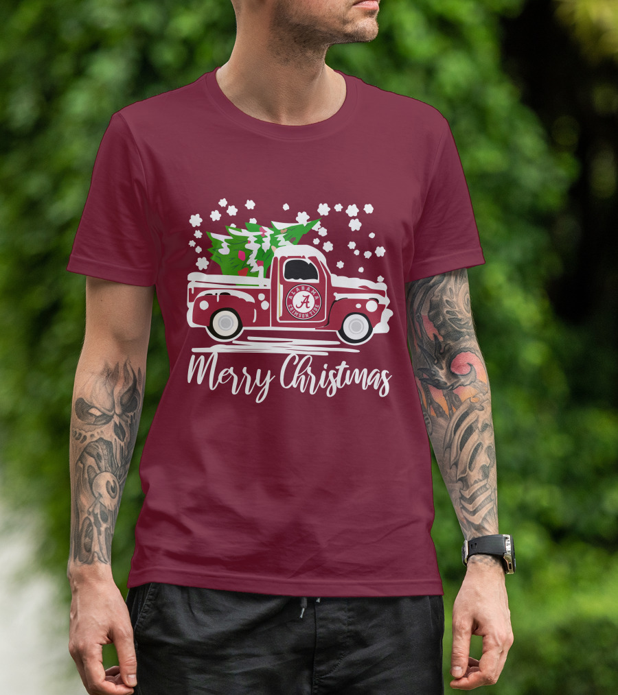 Merry Christmas Alabama Crimson Tide Vintage Truck Snowy Tree T-Shirt