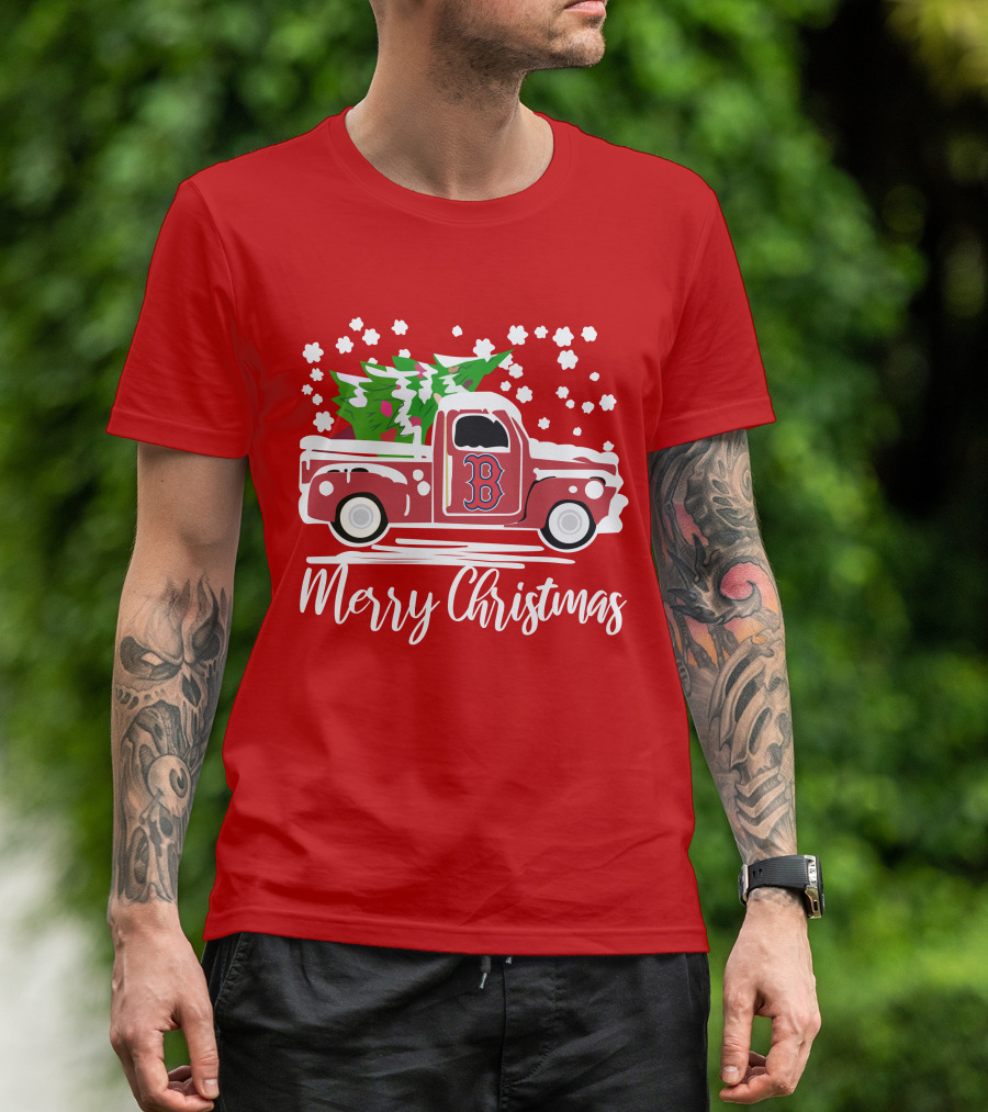 Boston Red Sox B Vintage Car Merry Christmas Tree Snowflakes T-Shirt