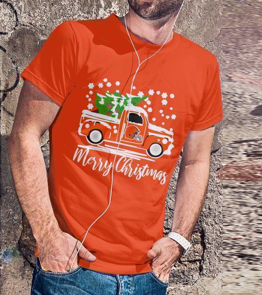 Cleveland Browns Merry Christmas Vintage Car With Christmas Tree T-Shirt