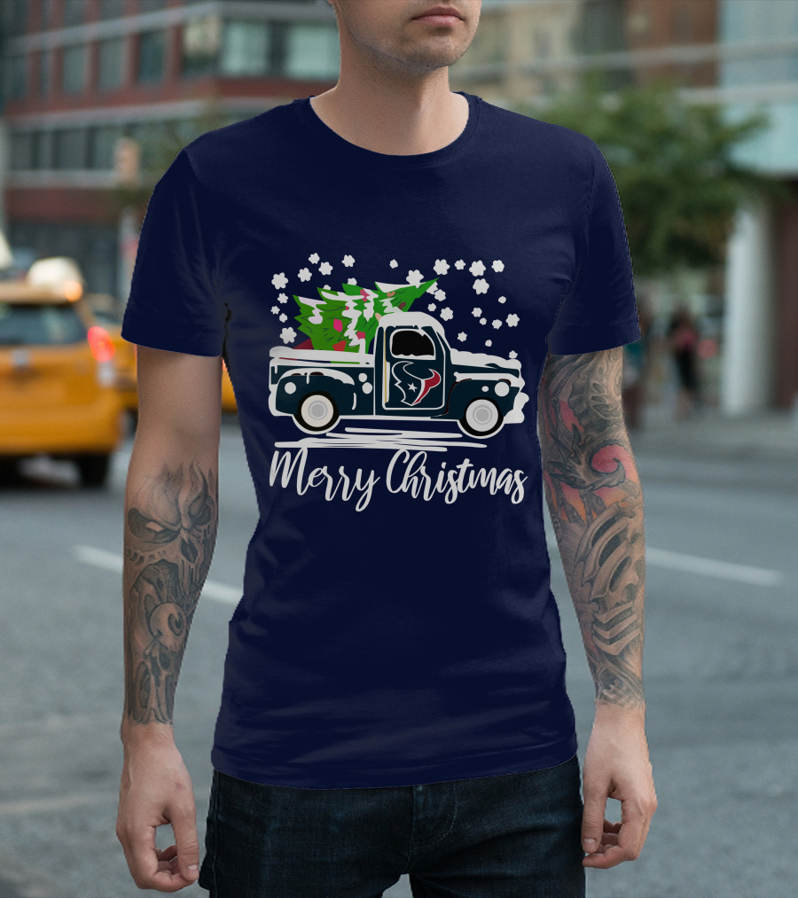 Houston Texans Merry Christmas Vintage Car with Christmas Tree T-Shirt