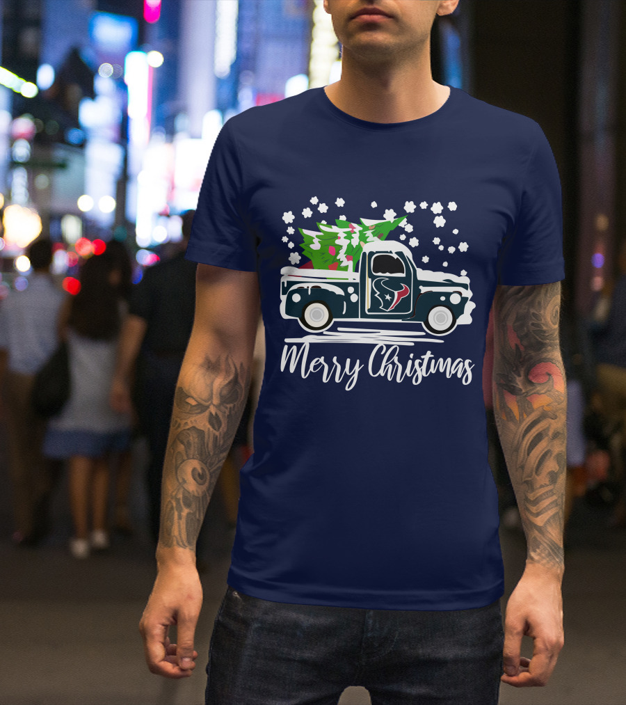 Houston Texans Merry Christmas Vintage Car With Christmas Tree T-Shirt