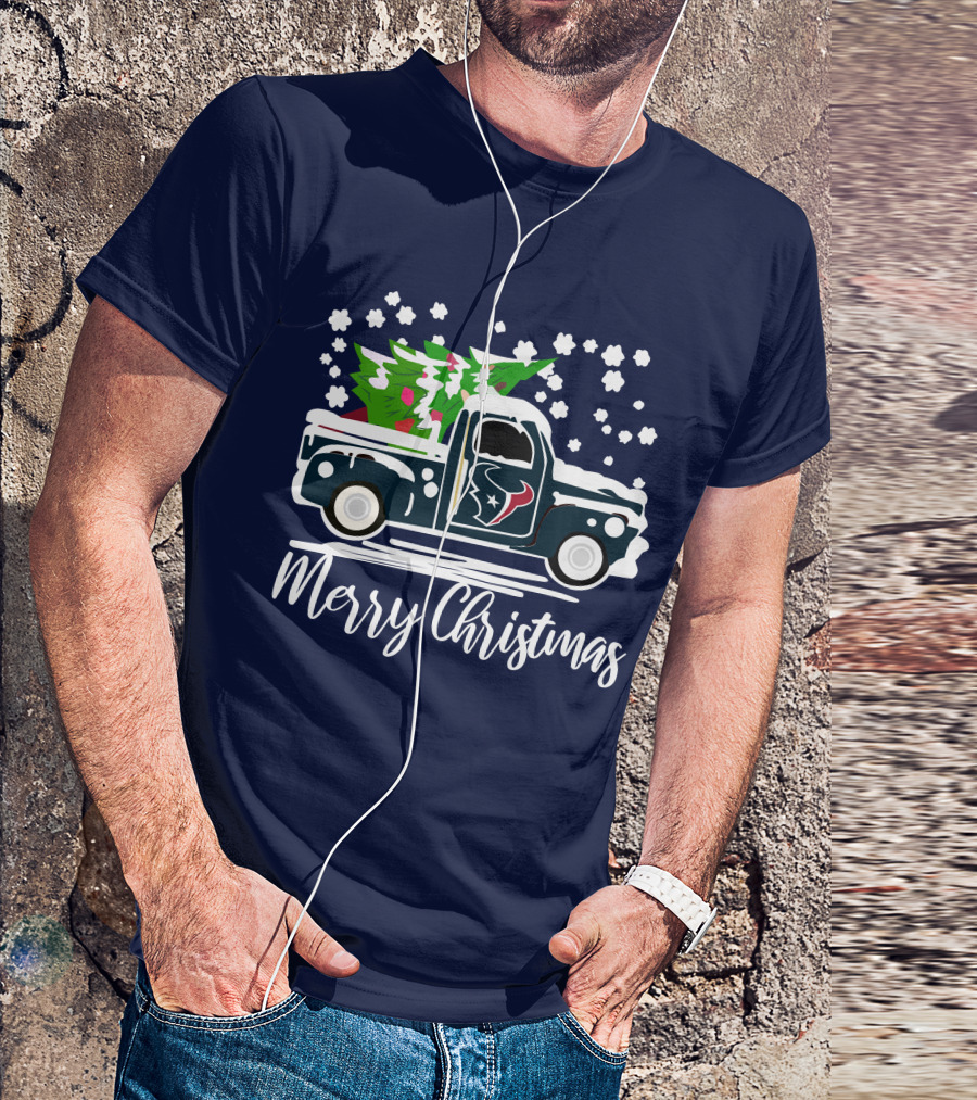 Houston Texans Merry Christmas Vintage Car With Christmas Tree T-Shirt