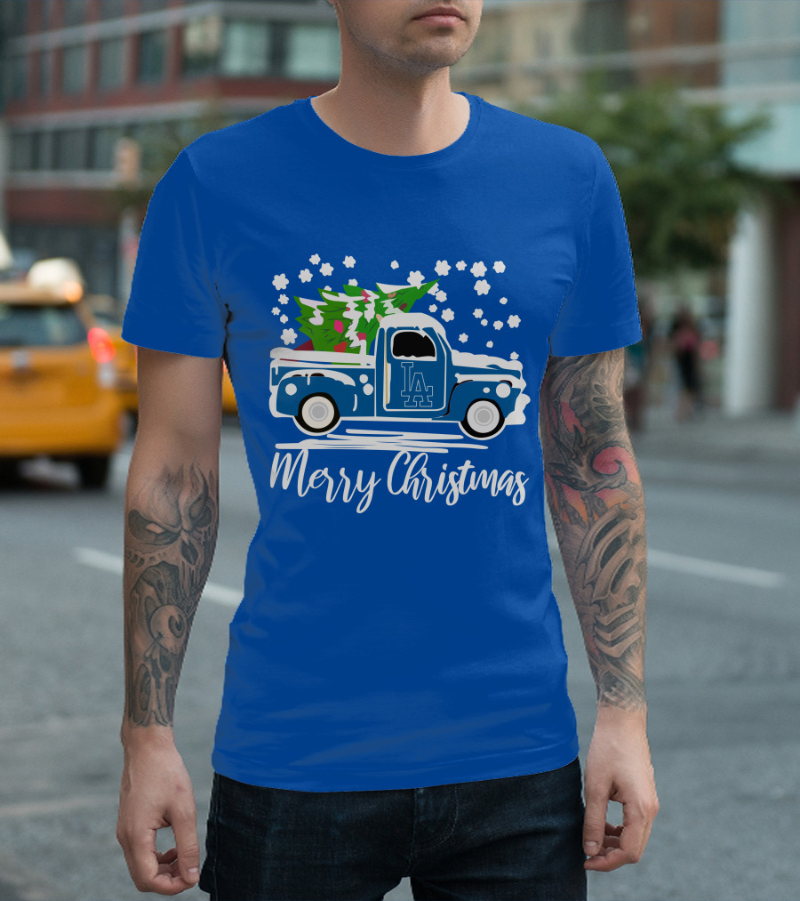 Los Angeles Dodgers LA Vintage Car Merry Christmas Snowflakes Tree T-Shirt