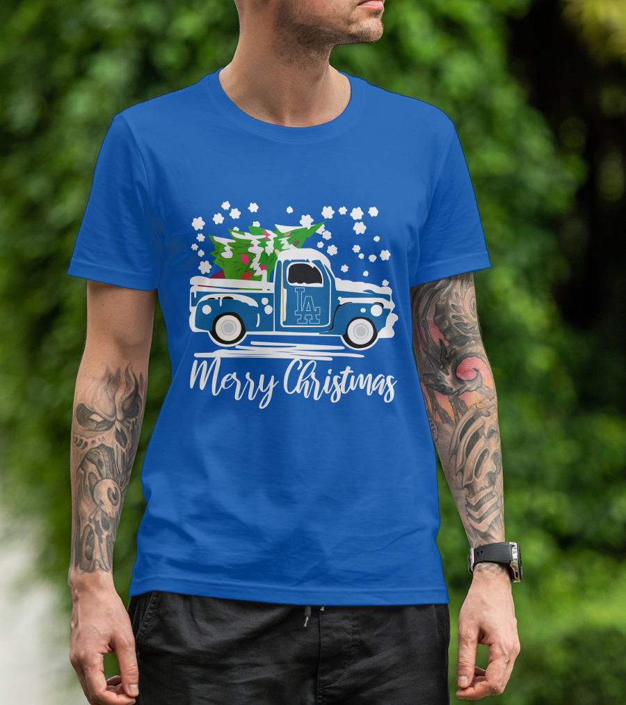 Los Angeles Dodgers LA Vintage Car Merry Christmas Snowflakes Tree T-Shirt