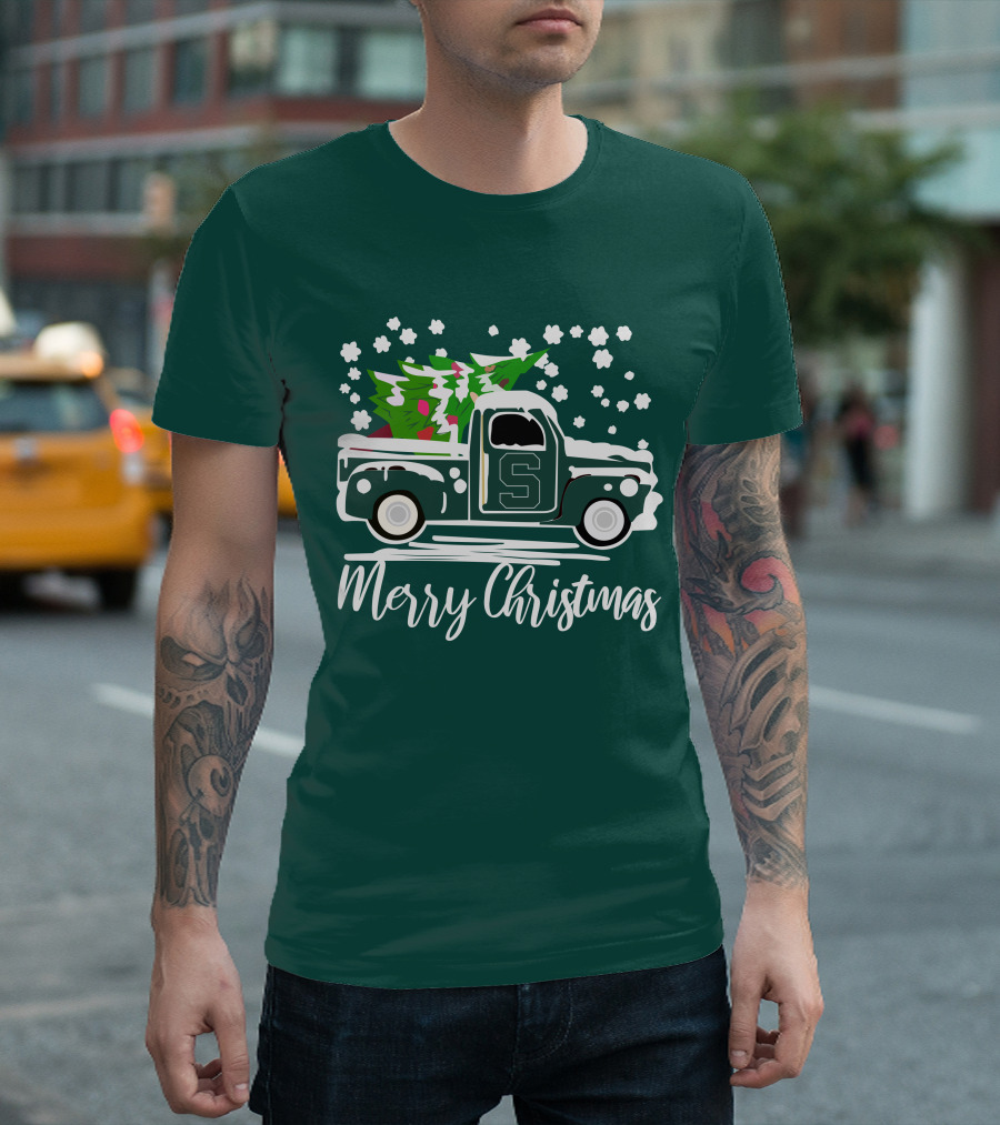 Merry Christmas Michigan State Spartans Vintage Car with Christmas Tree T-Shirt