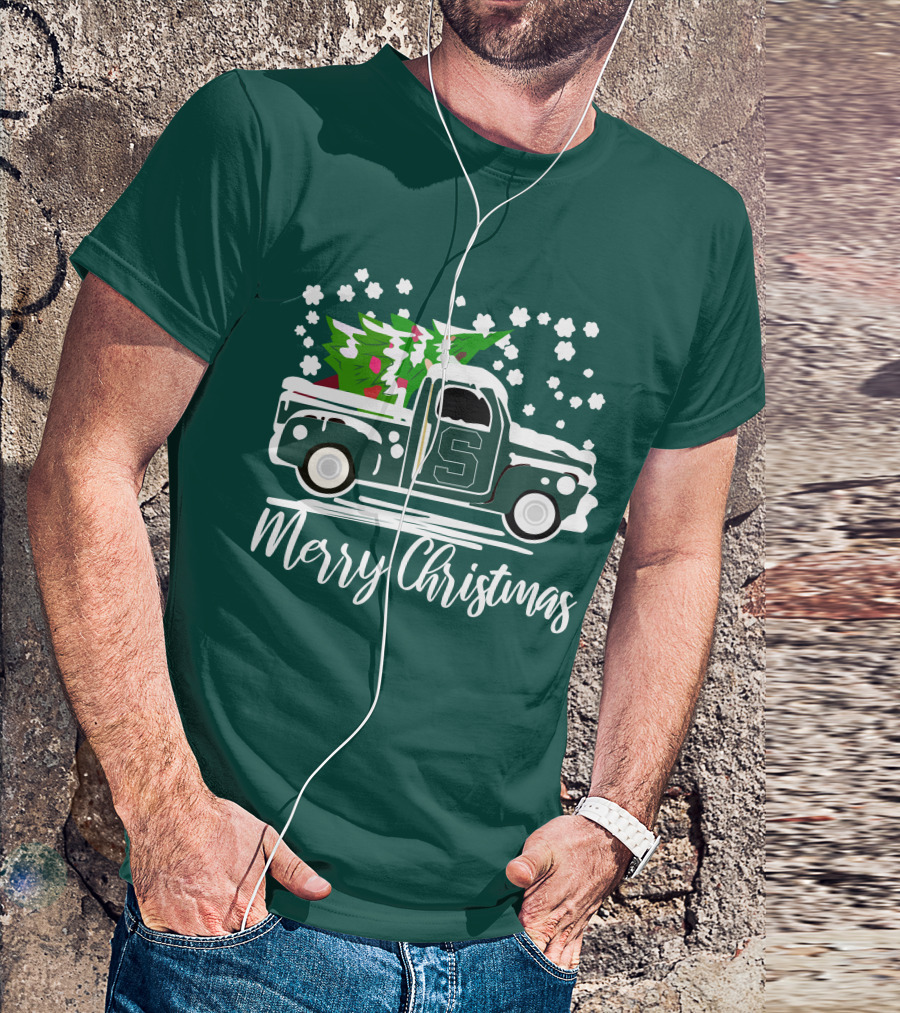 Merry Christmas Michigan State Spartans Vintage Car With Christmas Tree T-Shirt