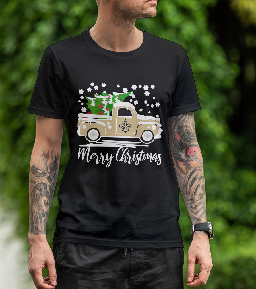 New Orleans Saints Vintage Car Merry Christmas Tree Snowflakes T-Shirt