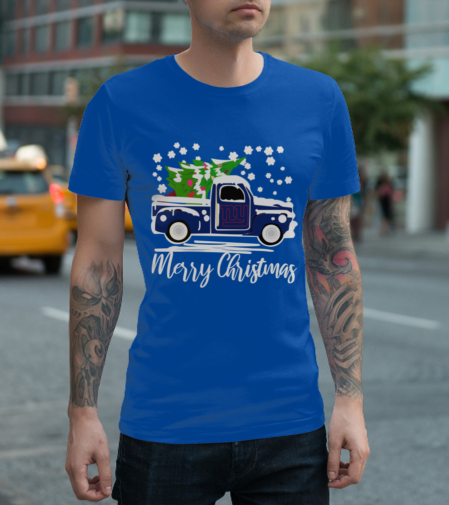 Merry Christmas New York Giants Vintage Car Snowflakes Holiday T-Shirt