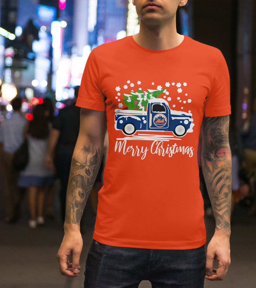 New York Mets Vintage Truck Merry Christmas Snowflakes T-Shirt