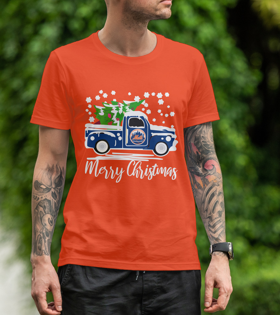 New York Mets Vintage Truck Merry Christmas Snowflakes T-Shirt